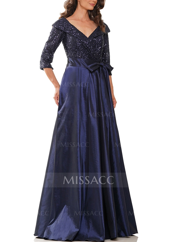 A-Line V-Neck 3/4 Sleeves Sequined Mother Of The Bride Dresses With Bow(s)