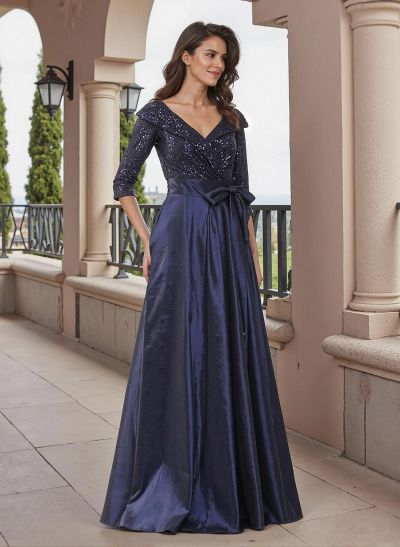 A-Line V-Neck 3/4 Sleeves Sequined Mother Of The Bride Dresses With Bow(s)