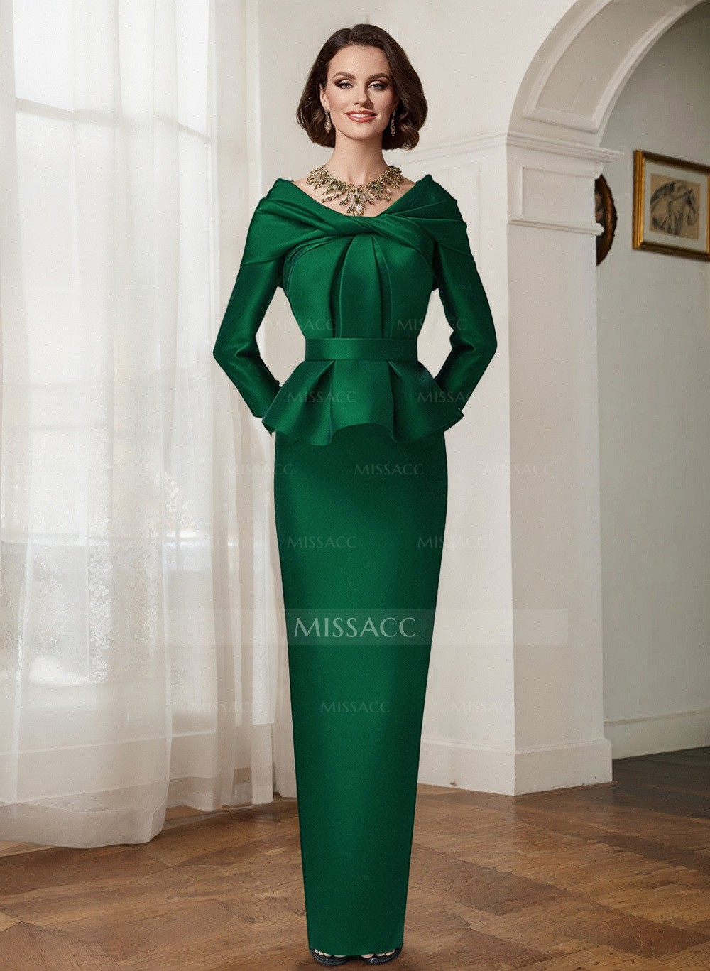 Sheath/Column V-Neck Long Sleeves Satin Mother Of The Bride Dresses