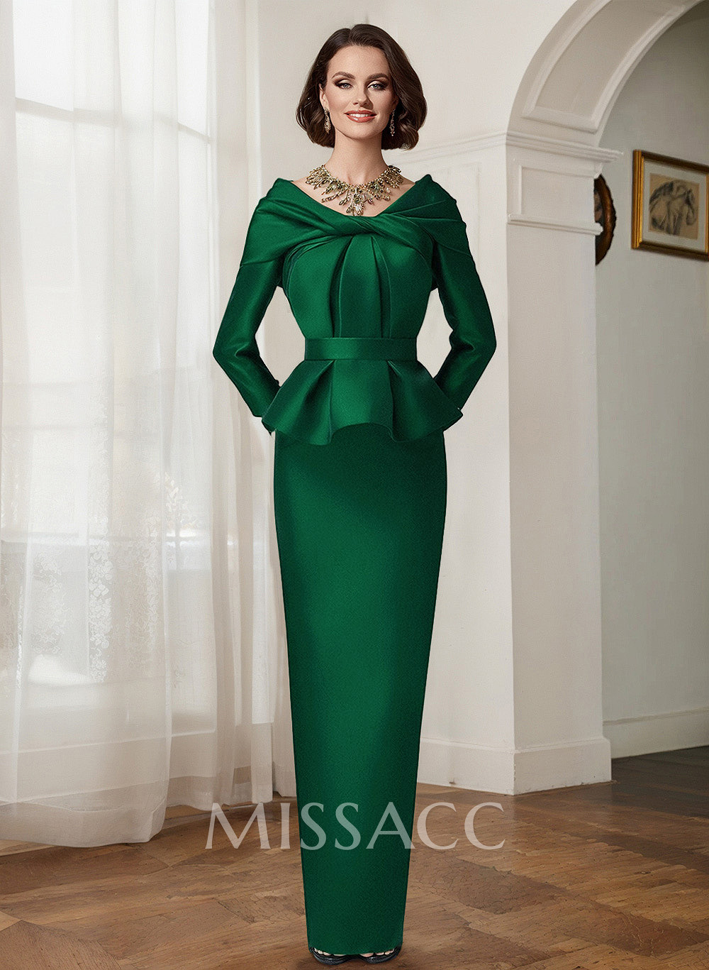 Sheath/Column V-Neck Long Sleeves Satin Mother Of The Bride Dresses