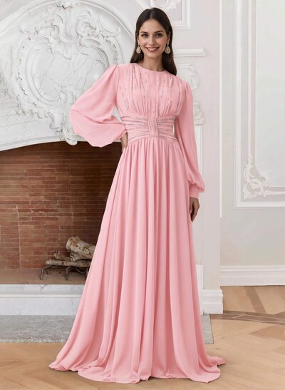 A-Line Scoop Neck Long Sleeves Chiffon Mother Of The Bride Dresses