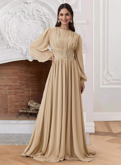 A-Line Scoop Neck Long Sleeves Chiffon Mother Of The Bride Dresses