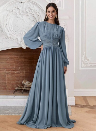 A-Line Scoop Neck Long Sleeves Chiffon Mother Of The Bride Dresses