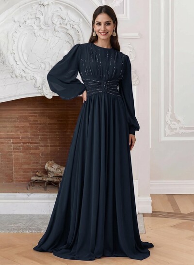 A-Line Scoop Neck Long Sleeves Chiffon Mother Of The Bride Dresses
