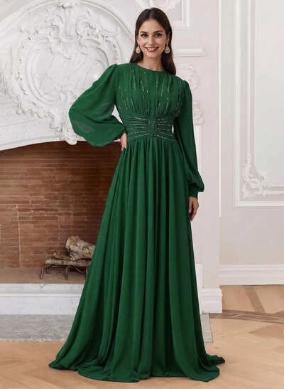 A-Line Scoop Neck Long Sleeves Chiffon Mother Of The Bride Dresses