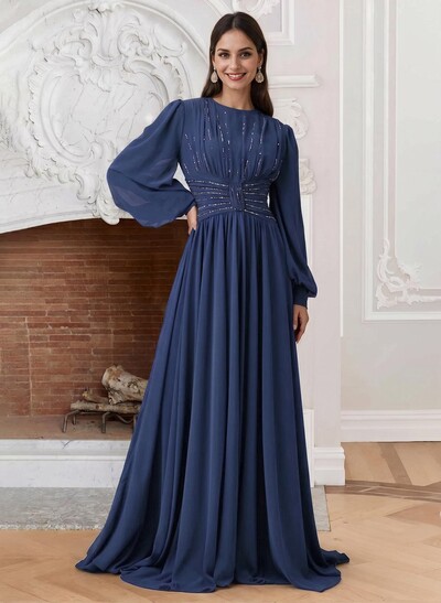 A-Line Scoop Neck Long Sleeves Chiffon Mother Of The Bride Dresses