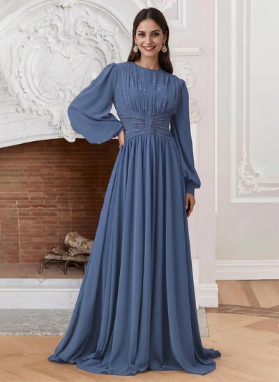 A-Line Scoop Neck Long Sleeves Chiffon Mother Of The Bride Dresses
