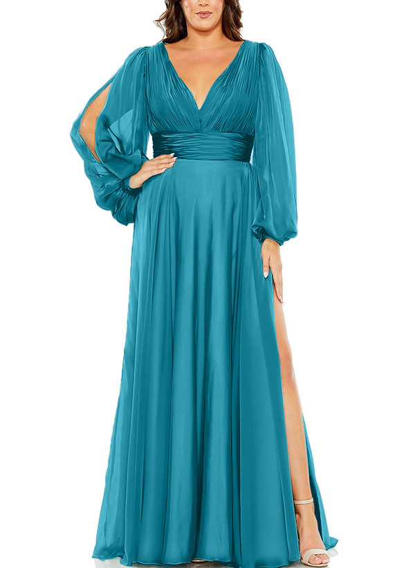 A-Line V-Neck Long Sleeves Floor-Length Chiffon Mother Of The Bride Dresses
