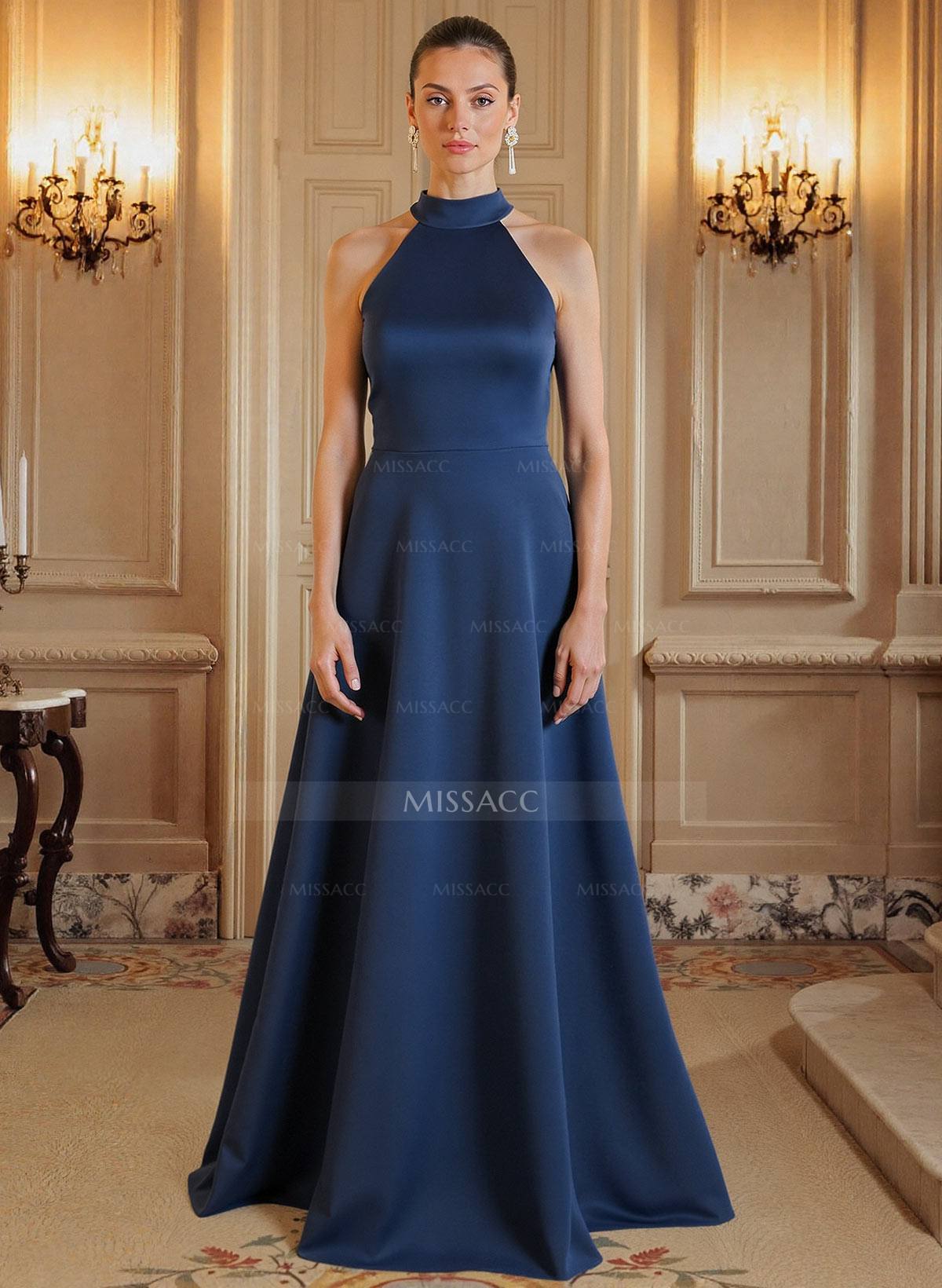 A-Line Halter Sleeveless Satin Mother Of The Bride Dresses With Back Hole