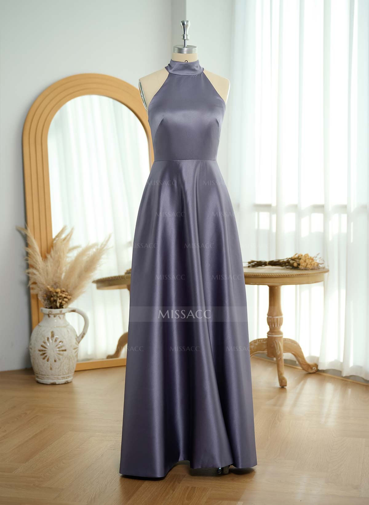 A-Line Halter Sleeveless Satin Mother Of The Bride Dresses With Back Hole