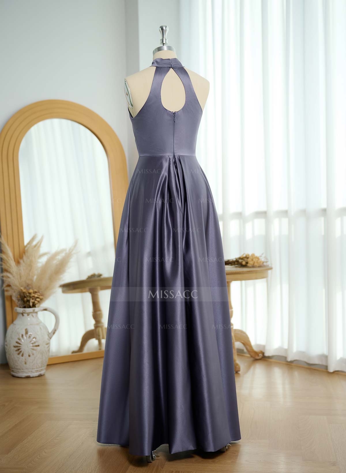 A-Line Halter Sleeveless Satin Mother Of The Bride Dresses With Back Hole