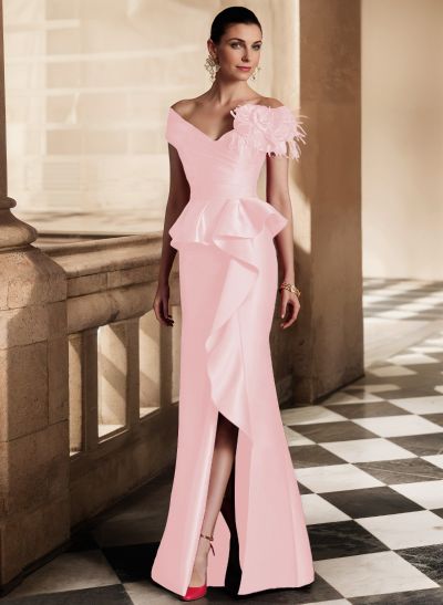 Feather Trimmed 3D Floral Off-The-Shoulder Mother Of The Bride Dresses With Ruffled Waist