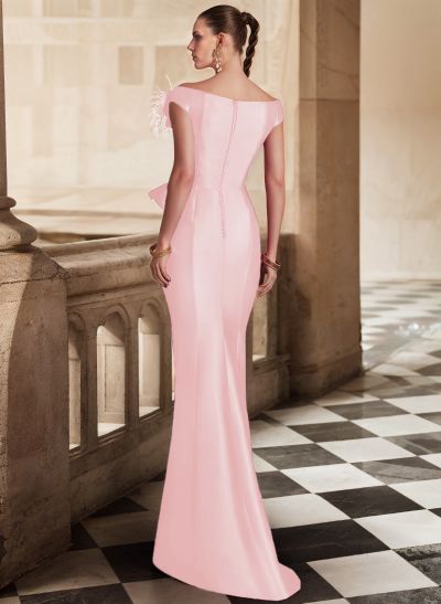 Feather Trimmed 3D Floral Off-The-Shoulder Mother Of The Bride Dresses With Ruffled Waist