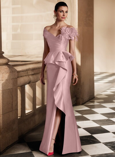 Feather Trimmed 3D Floral Off-The-Shoulder Mother Of The Bride Dresses With Ruffled Waist