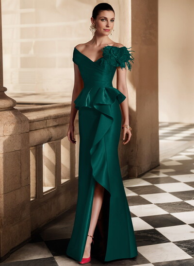 Feather Trimmed 3D Floral Off-The-Shoulder Mother Of The Bride Dresses With Ruffled Waist