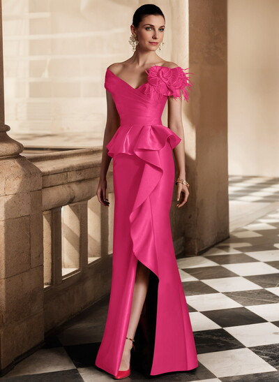 Feather Trimmed 3D Floral Off-The-Shoulder Mother Of The Bride Dresses With Ruffled Waist