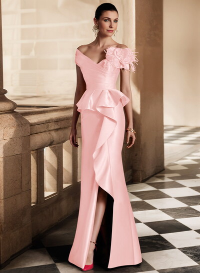 Feather Trimmed 3D Floral Off-The-Shoulder Mother Of The Bride Dresses With Ruffled Waist
