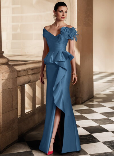Feather Trimmed 3D Floral Off-The-Shoulder Mother Of The Bride Dresses With Ruffled Waist