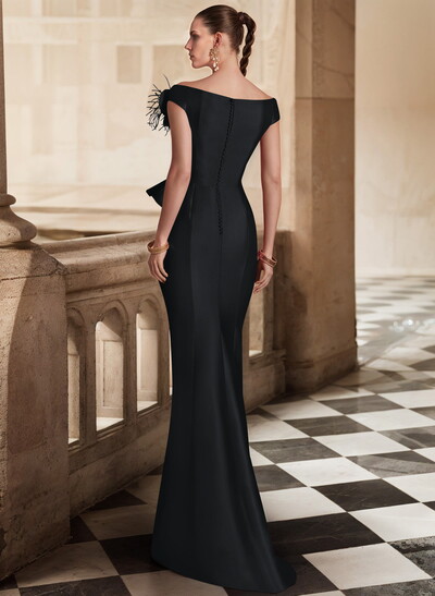 Feather Trimmed 3D Floral Off-The-Shoulder Mother Of The Bride Dresses With Ruffled Waist