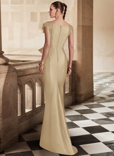 Feather Trimmed 3D Floral Off-The-Shoulder Mother Of The Bride Dresses With Ruffled Waist