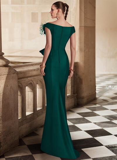 Feather Trimmed 3D Floral Off-The-Shoulder Mother Of The Bride Dresses With Ruffled Waist