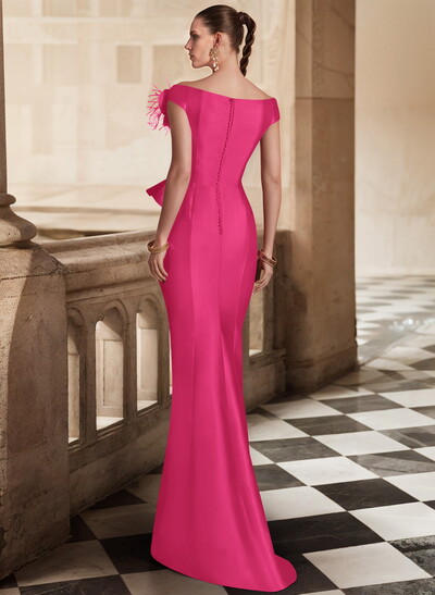 Feather Trimmed 3D Floral Off-The-Shoulder Mother Of The Bride Dresses With Ruffled Waist