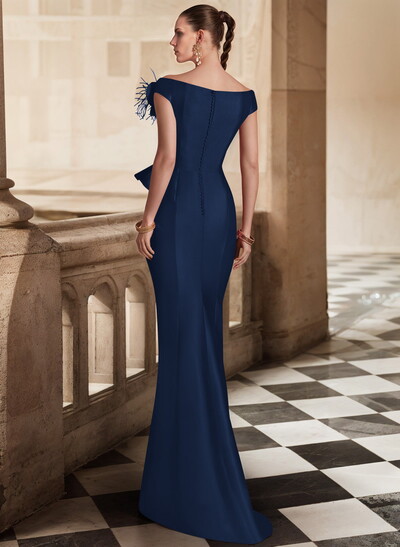 Feather Trimmed 3D Floral Off-The-Shoulder Mother Of The Bride Dresses With Ruffled Waist