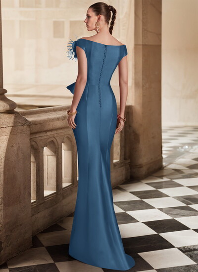 Feather Trimmed 3D Floral Off-The-Shoulder Mother Of The Bride Dresses With Ruffled Waist