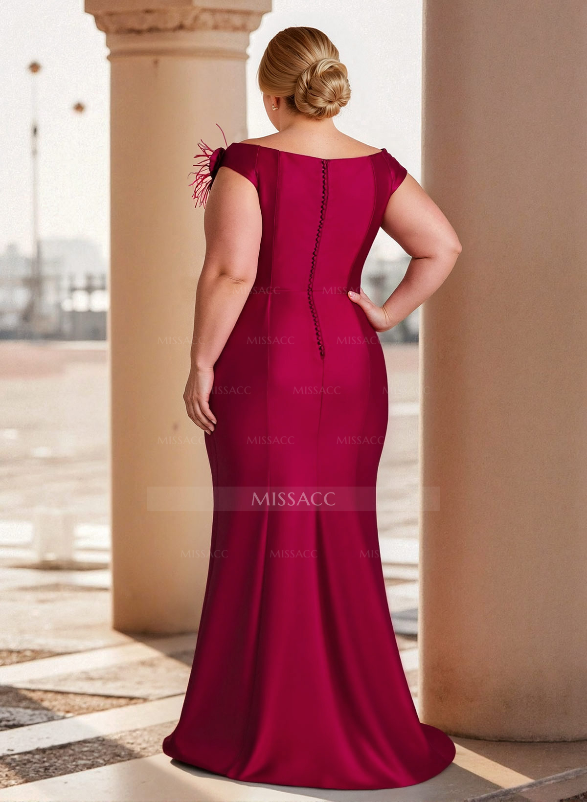 Feather Trimmed 3D Floral Off-The-Shoulder Mother Of The Bride Dresses With Ruffled Waist