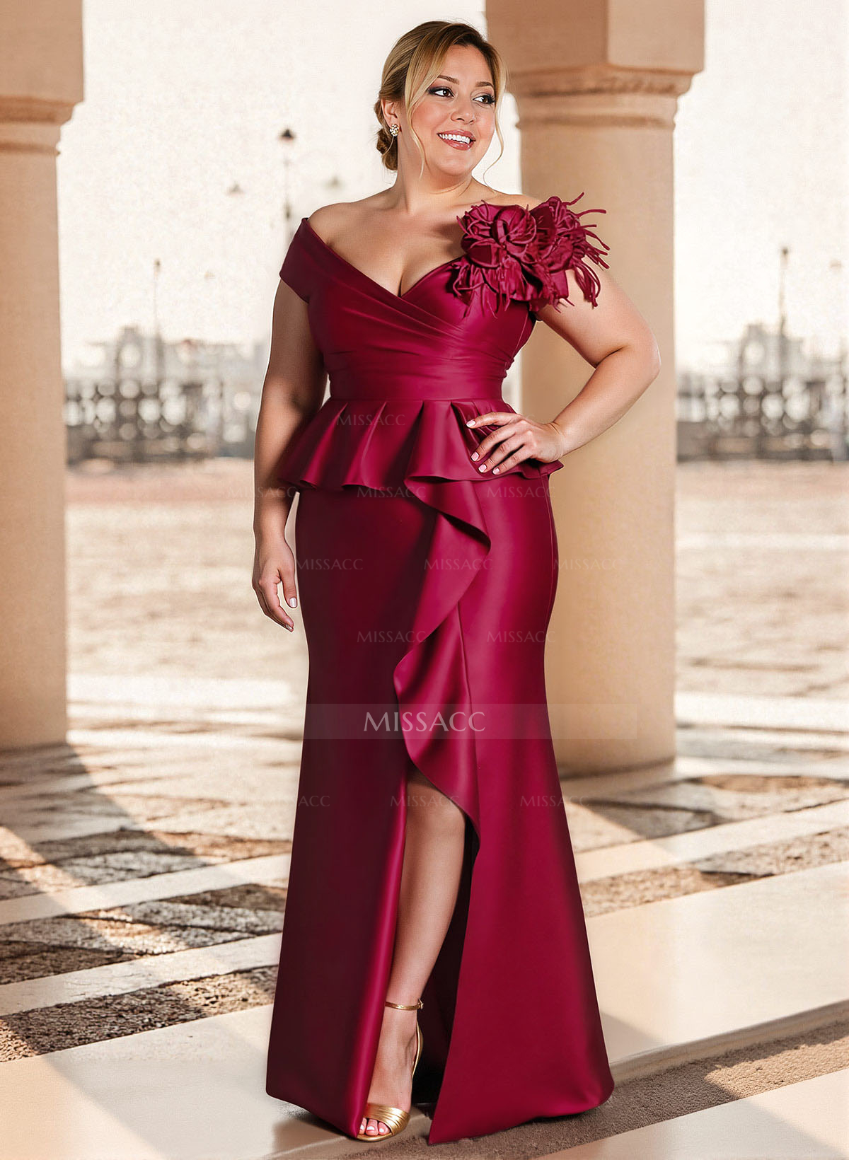 Feather Trimmed 3D Floral Off-The-Shoulder Mother Of The Bride Dresses With Ruffled Waist