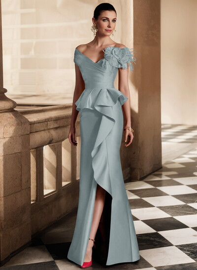 Feather Trimmed 3D Floral Off-The-Shoulder Mother Of The Bride Dresses With Ruffled Waist