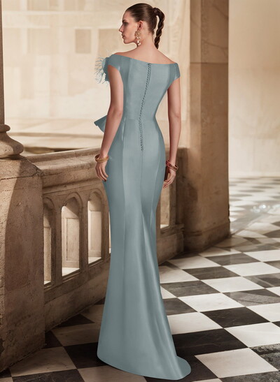 Feather Trimmed 3D Floral Off-The-Shoulder Mother Of The Bride Dresses With Ruffled Waist