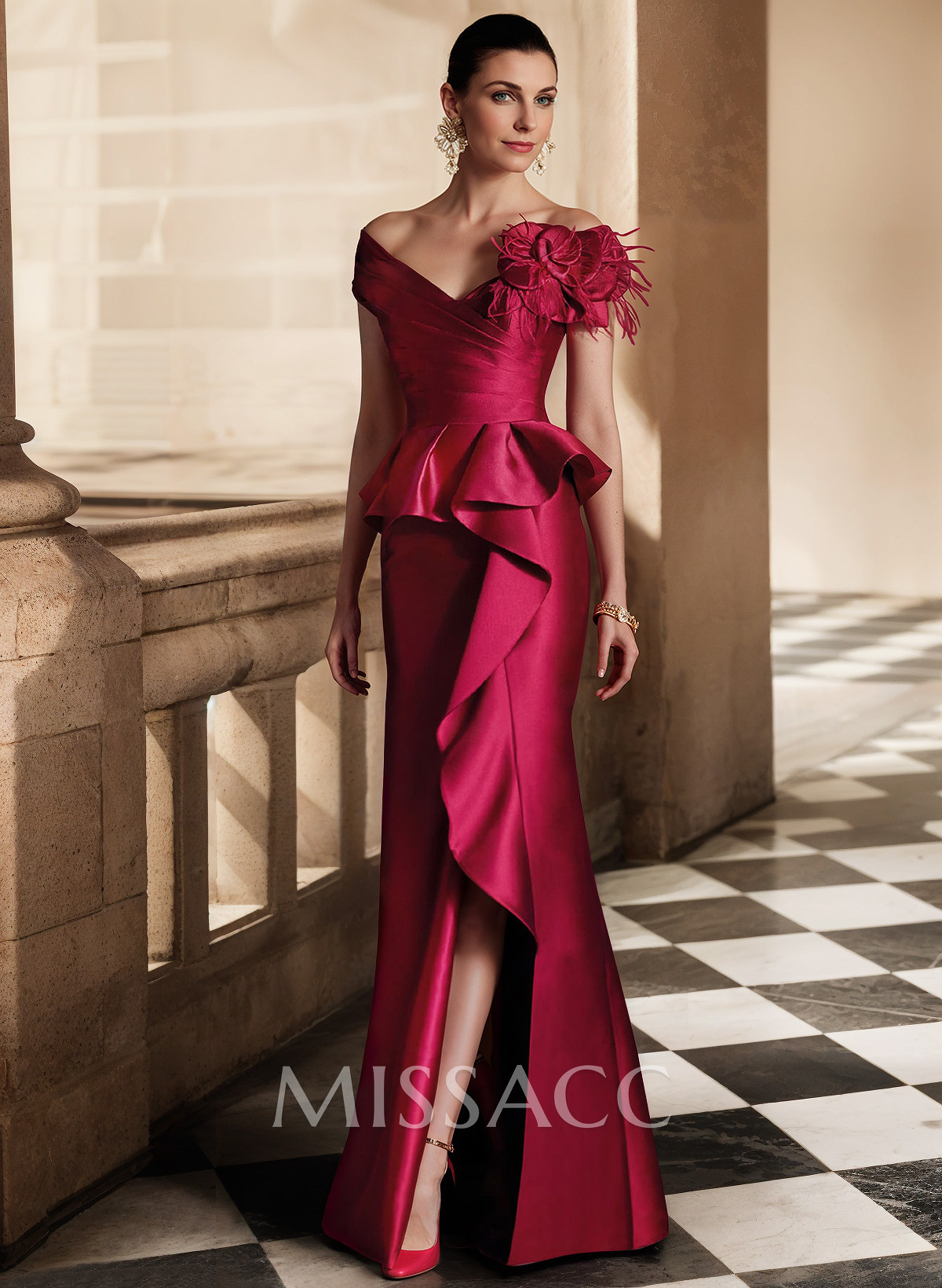 Feather Trimmed 3D Floral Off-The-Shoulder Mother Of The Bride Dresses With Ruffled Waist