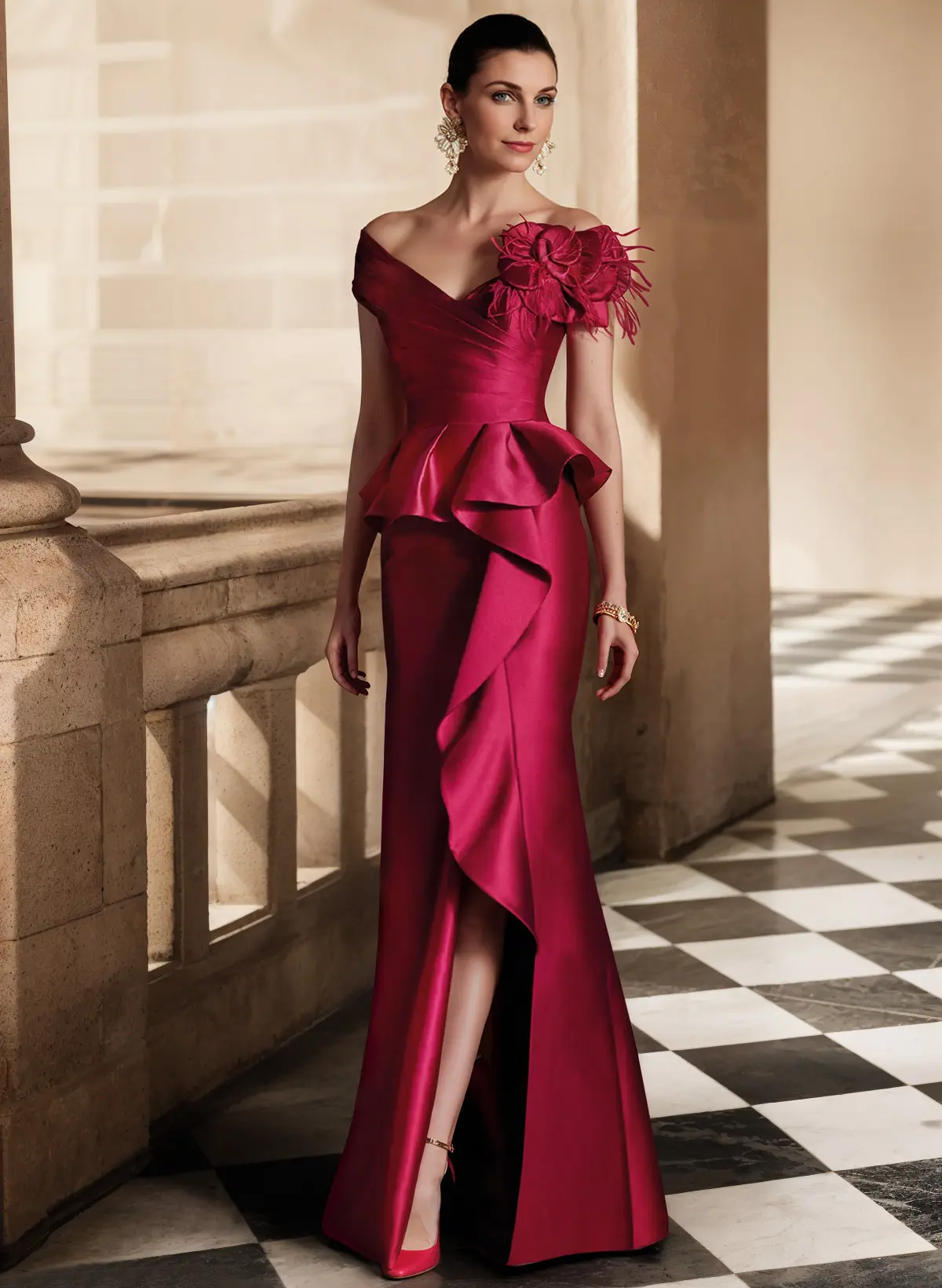 Feather Trimmed 3D Floral Off-The-Shoulder Mother Of The Bride Dresses With Ruffled Waist