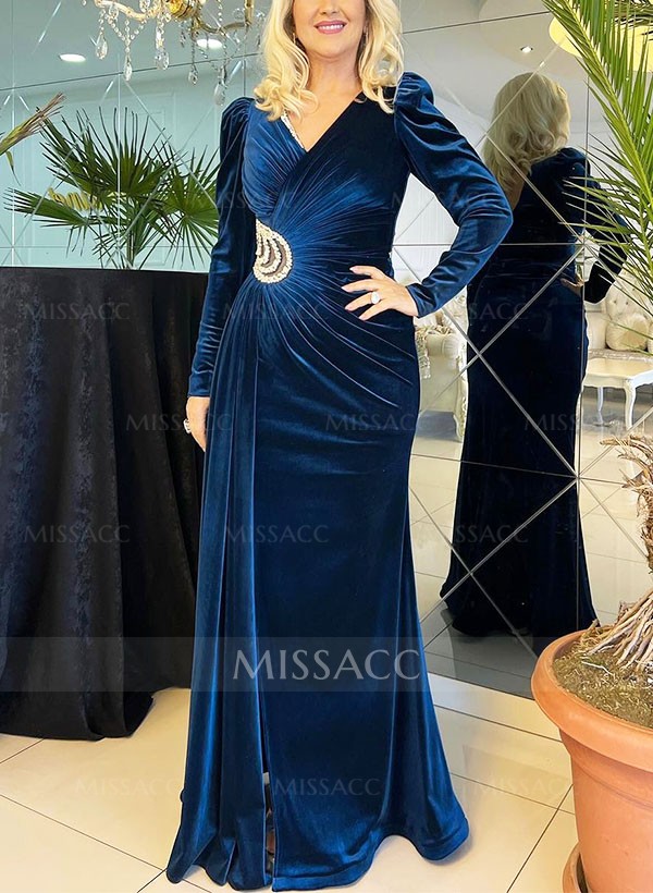 Sheath/Column V-Neck Velvet Mother Of The Bride Dresses With Rhinestone