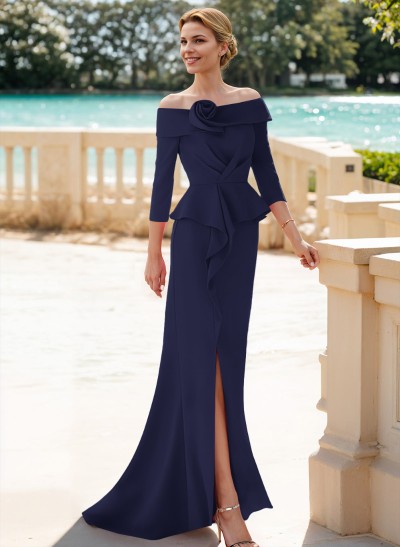 Flattering Ruffle Off-The-Shoulder Elastic Satin Mother Of The Bride Dresses With 3D Floral