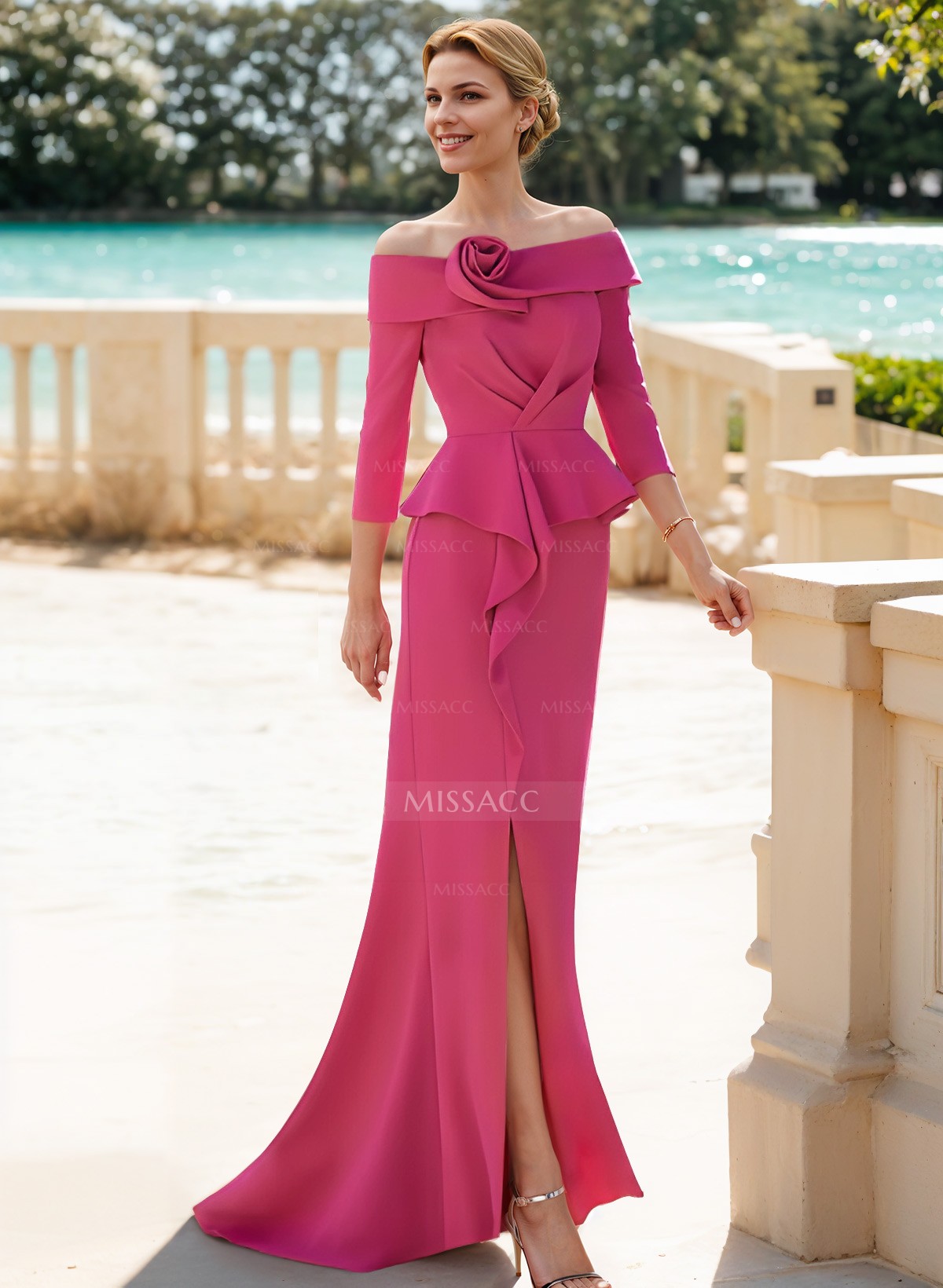 Flattering Ruffle Off-The-Shoulder Elastic Satin Mother Of The Bride Dresses With 3D Floral