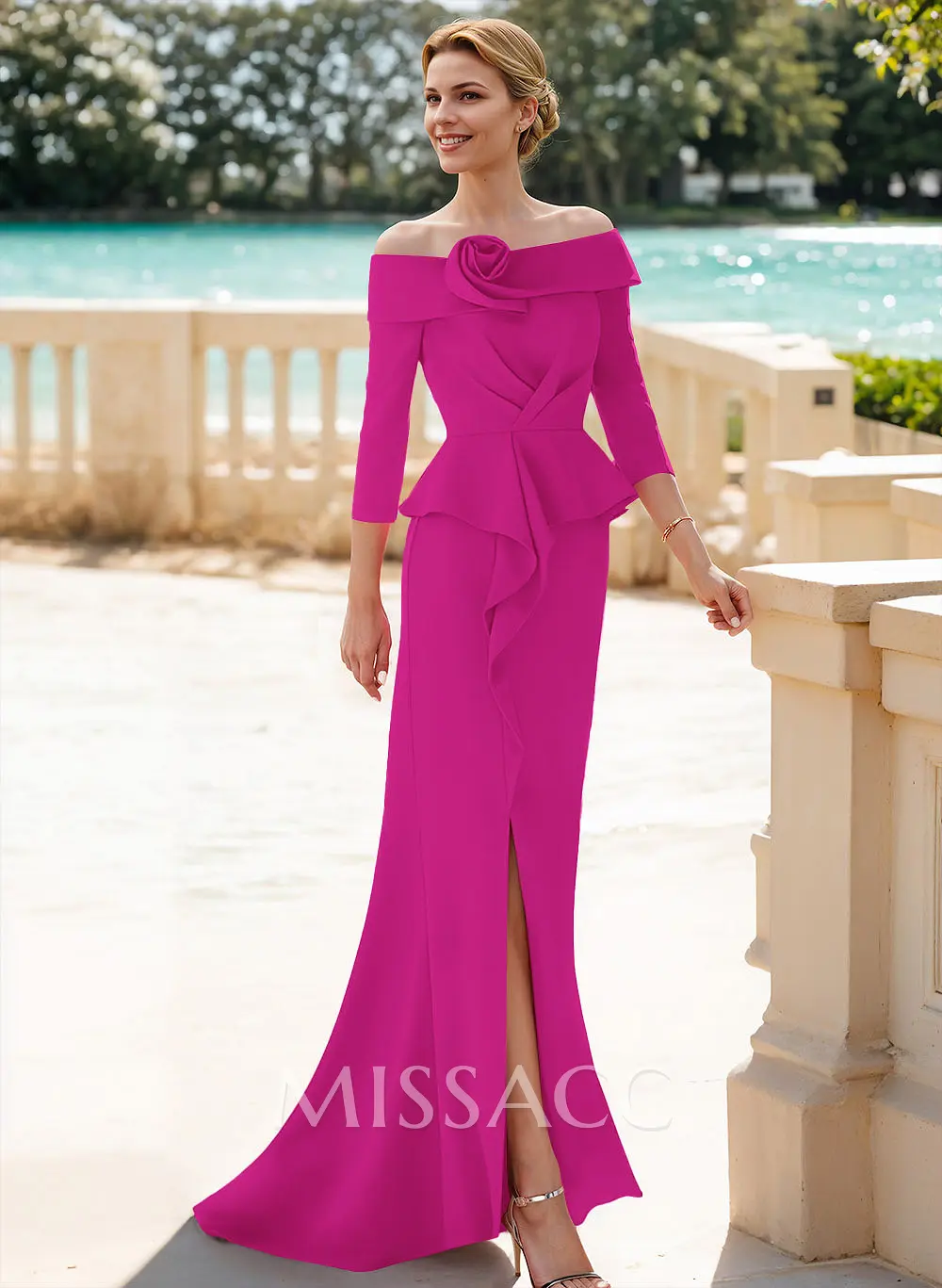 Flattering Ruffle Off-The-Shoulder Elastic Satin Mother Of The