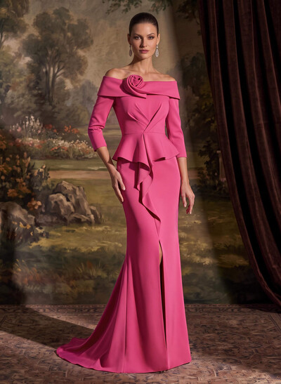 Flattering Ruffle Off-The-Shoulder Elastic Satin Mother Of The Bride Dresses With 3D Floral