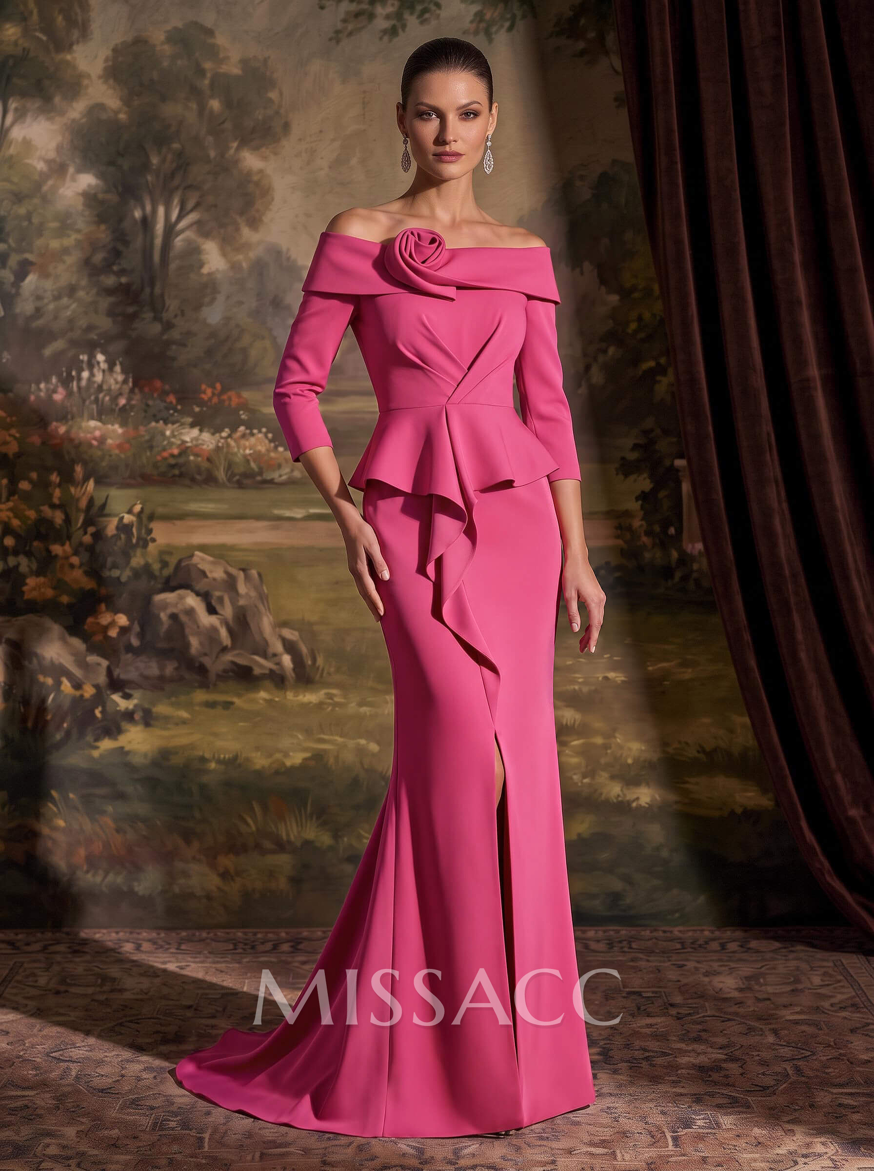 Flattering Ruffle Off-The-Shoulder Elastic Satin Mother Of The Bride Dresses With 3D Floral Flattering Ruffle Off-The-Shoulder Elastic Satin Mother Of The Bride Dresses With 3D Floral
