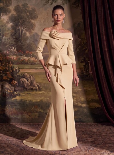 Flattering Ruffle Off-The-Shoulder Elastic Satin Mother Of The Bride Dresses With 3D Floral