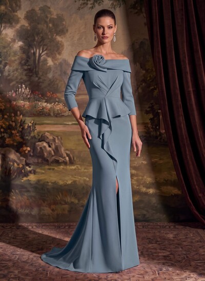 Flattering Ruffle Off-The-Shoulder Elastic Satin Mother Of The Bride Dresses With 3D Floral