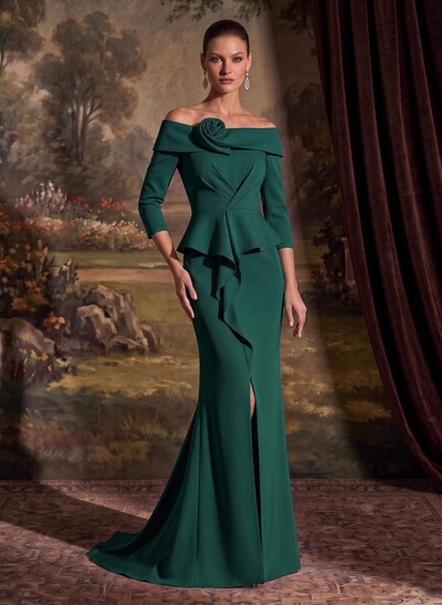 Flattering Ruffle Off-The-Shoulder Elastic Satin Mother Of The Bride Dresses With 3D Floral