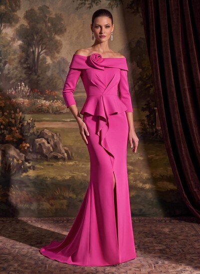 Flattering Ruffle Off-The-Shoulder Elastic Satin Mother Of The Bride Dresses With 3D Floral