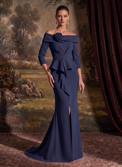 Flattering Ruffle Off-The-Shoulder Elastic Satin Mother Of The Bride Dresses With 3D Floral
