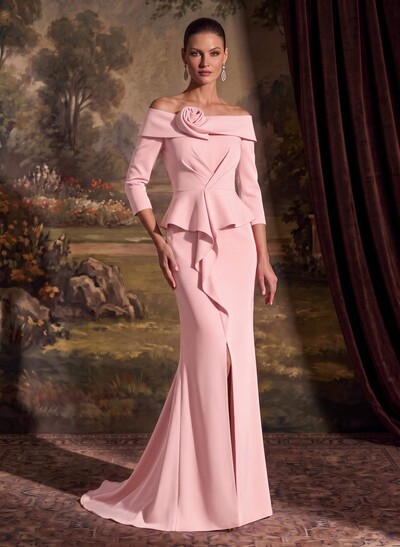 Flattering Ruffle Off-The-Shoulder Elastic Satin Mother Of The Bride Dresses With 3D Floral