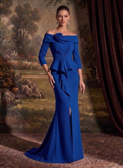 Flattering Ruffle Off-The-Shoulder Elastic Satin Mother Of The Bride Dresses With 3D Floral