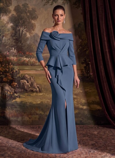 Flattering Ruffle Off-The-Shoulder Elastic Satin Mother Of The Bride Dresses With 3D Floral