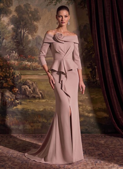 Flattering Ruffle Off-The-Shoulder Elastic Satin Mother Of The Bride Dresses With 3D Floral