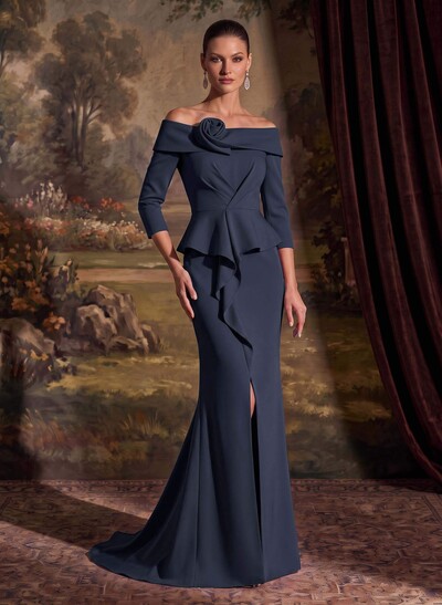 Flattering Ruffle Off-The-Shoulder Elastic Satin Mother Of The Bride Dresses With 3D Floral